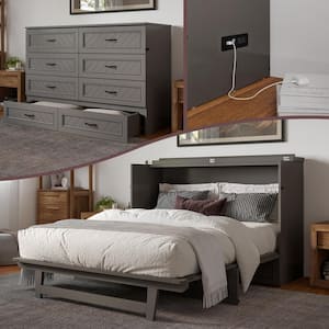 Dakota Gray Wood Frame Queen Murphy Bed Chest with Storage Drawer and Built-in Charging Station