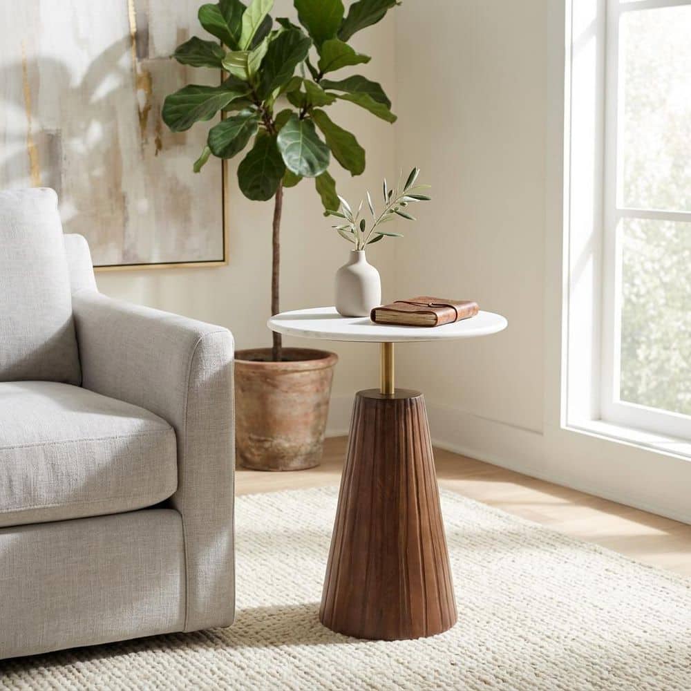 17 in. White/Brown Round Wood Fluted Base Marble Top End Table