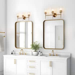 Modern 23.6 in. 3-Light Plating Brass Cylinder Hardwired Vanity Light with Clear Ripple Glass Shades for Bathroom