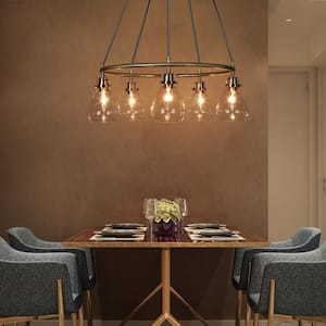 Modern Dining Room Wagon Wheel Chandelier 5-Light Electroplated Brass Chandelier with Teardrop-Shaped Clear Glass Shades