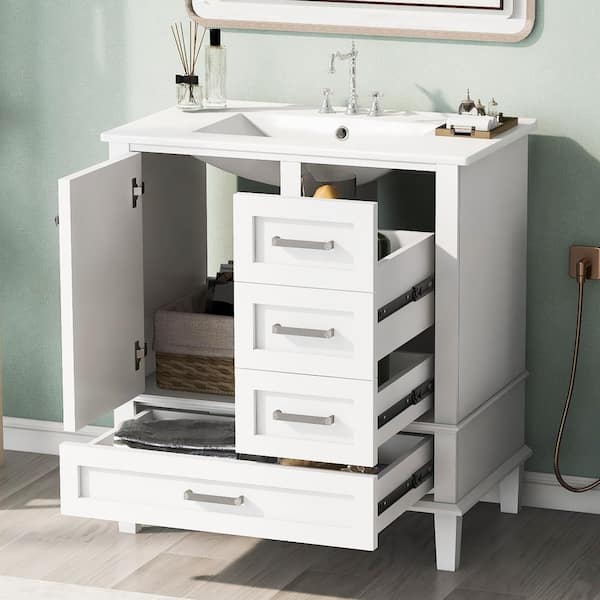 30 in. W x 18 in. D x 34 in. H Single Sink Bath Vanity in White with White Ceramic Top, Drawers and Soft Closing Door