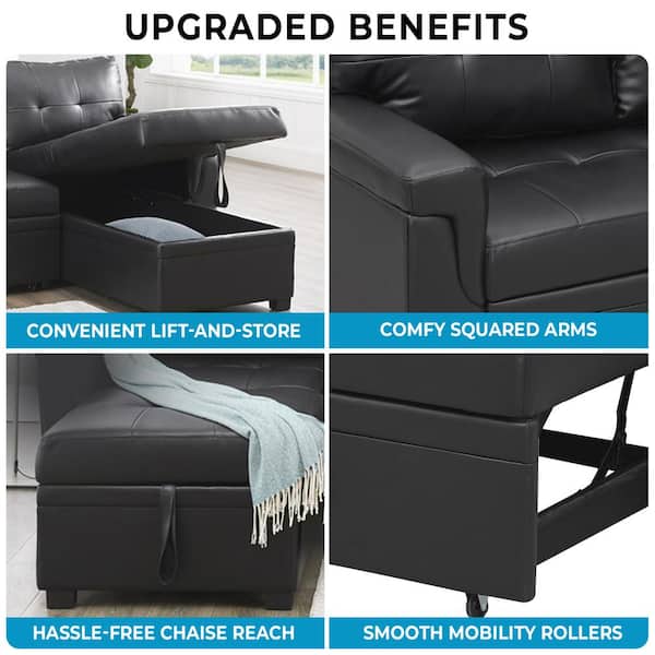 HOMESTOCK 84.64 in. Black Tufted Faux Leather Twin Size 3-Seat