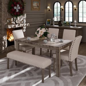 6-Pieces Rustic Rectangular Wood Tone Top Dining Table with Chair and Bench Set for Farmhouse Kitchen 6-Seats