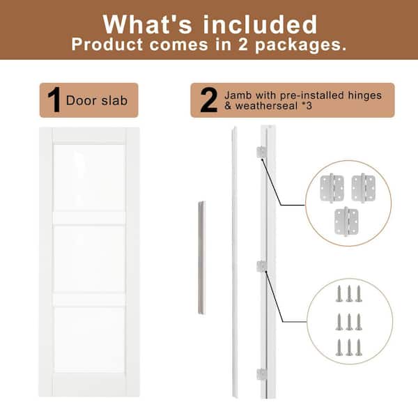 32 in. x 80 in. 3-Lite Clear Glass Right Hand White Solid Core Glass Single Prehung Interior Door+ Quick Assemble Jamb