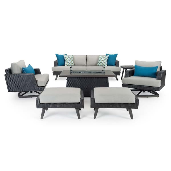 RST BRANDS Portofino Casual Espresso 7-Piece Aluminum Patio Fire Pit Seating Set with Sunbrella Dove Gray Cushions