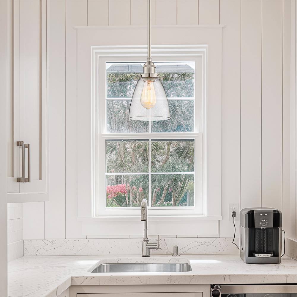 Porter 8" Mini Industrial Pendant Light with Clear Glass Shade, Brushed Nickel