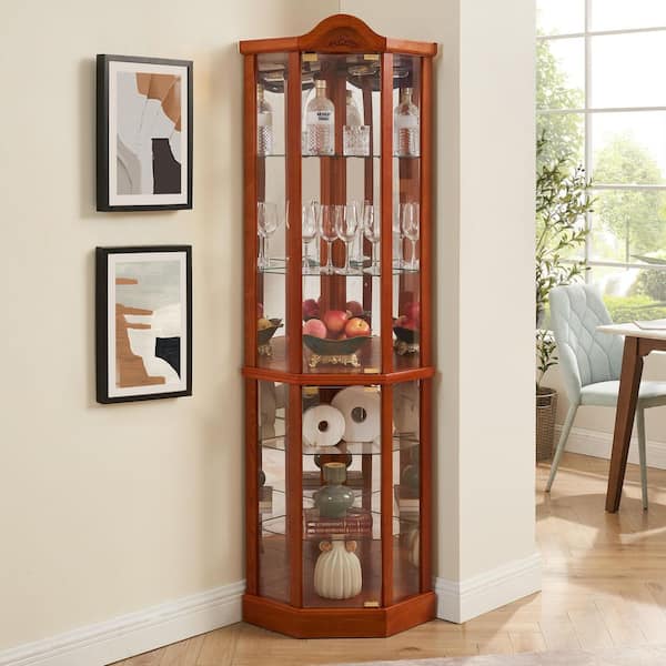 16.73 in x 16.73 in x 71.93in 6 Shelf Oak MDF Glass Ready to Assemble Diagonal Kitchen Cabinet with OAK Lights