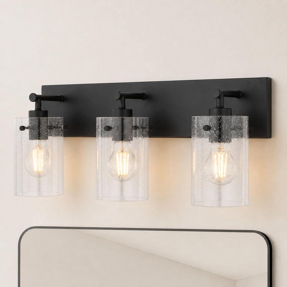 Northfield 21 in. 3 Light Matte Black Contemporary Vanity Light with Clear Seeded Glass Cylinder Shade price history on PriceWatchPro