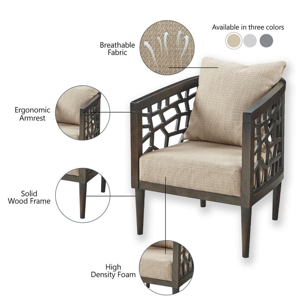 Mid-Century Tan Upholstered Wood Accent Chair with High-Density Foam
