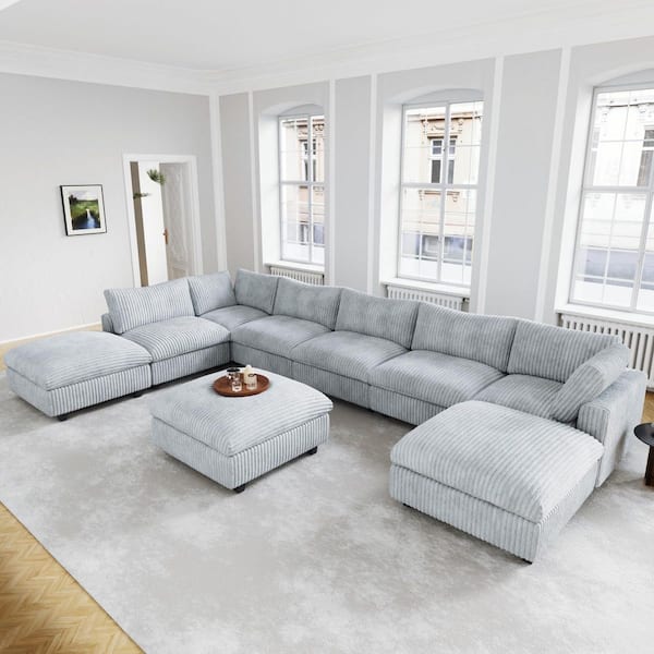 197 in. Oversized Square Arm Plush Soft Velvet L-Shaped Sectional Sofa 9-Seater with Ottoman, Washable Covers in Gray