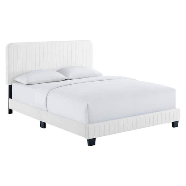 MODWAY Celine White Channel Tufted Performance Velvet Queen Platform Bed