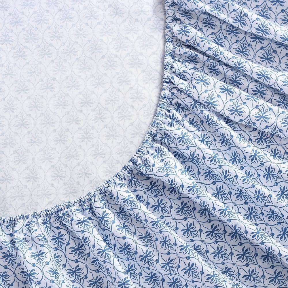 Blue Cotton Sateen Queen Sheet Set with Floral Print