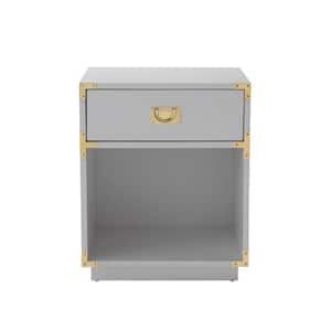 Odrini Modern Light Grey/Gold End Table Metal Corner Brackets Knob Nightstand