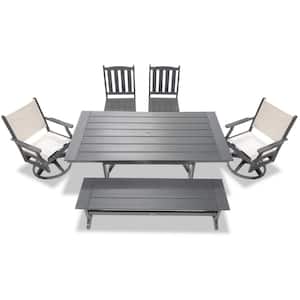 Tuscany Gray 6-Piece HDPE Sling Swivel Rectangle Outdoor Dining Set