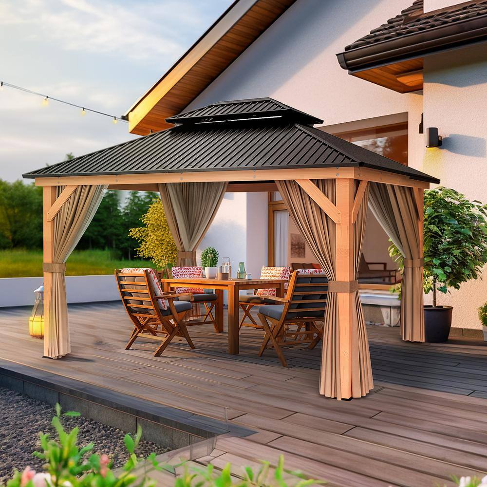 11' x 13' Black Metal Roof Wood Patio Gazebo