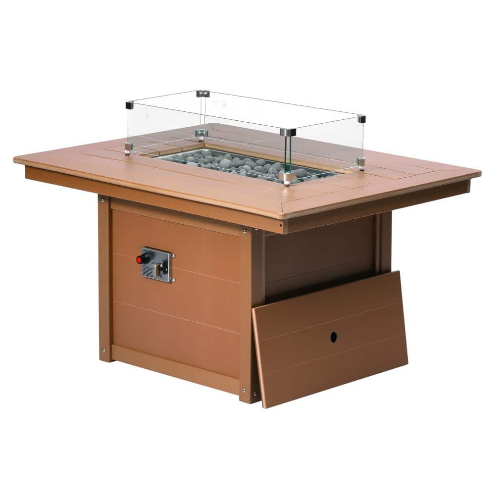 "Bloomfield Rectangular 34"" X 46"" Outdoor Propane Gas Fire Pit Table with Glass Wind Guard Lid, Lava Rocks, Teak" price history on PriceWatchPro
