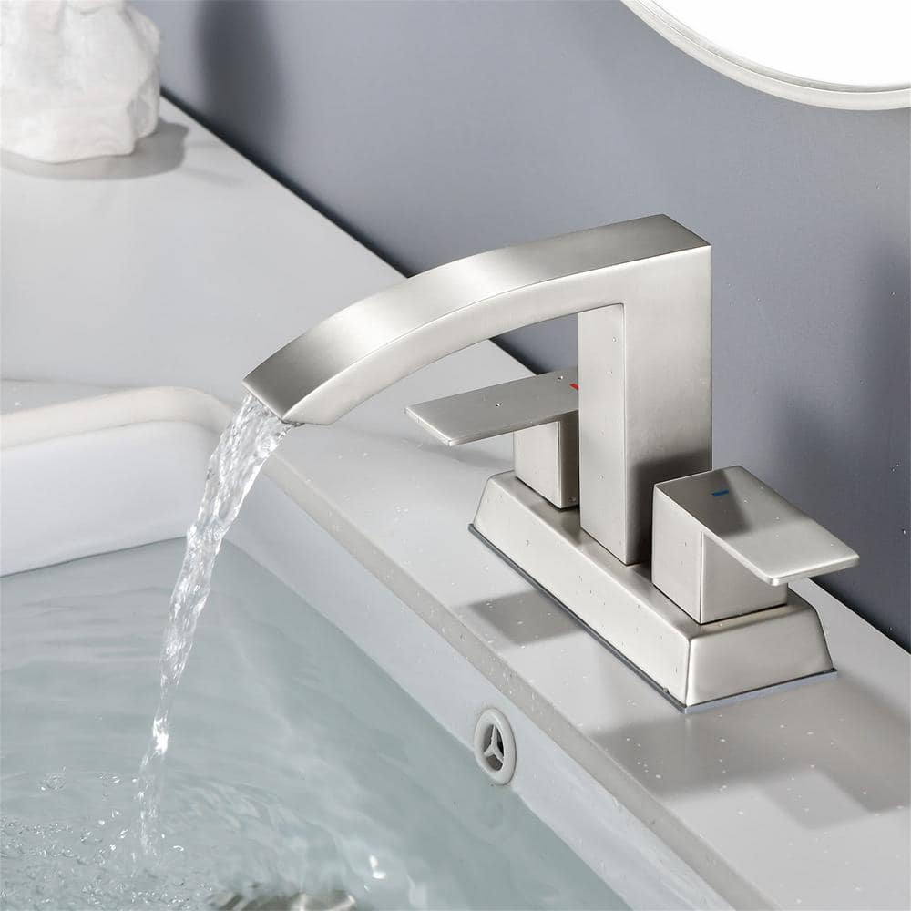 Brushed Nickel Double Handle Waterfall Bathroom Faucet with Pop-Up Drain