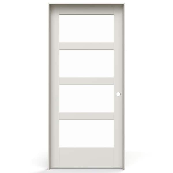 36 in. x 80 in. Left-Handed 4 Lite Clear Glass Primed Solid Core Wood Single Prehung Interior Door with Flat Jamb