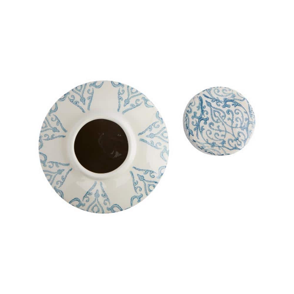 Elegant Blue and White Floral Ceramic Ginger Jar, 10" High