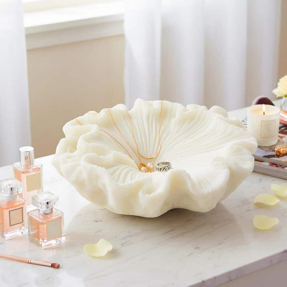 White Resin 16 in. Decorative Coastal Inspired Shell Bowl