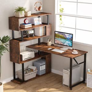Lantz 47.24 in. L Shaped Rustic Brown Wood and Metal Rotating Computer Desk with 5 Shelves Bookshelf