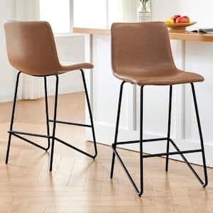 Olive 27.2 in. Brown Low Back Metal Frame Counter Height Bar Stool with Faux Leather Seat (Set of 2)