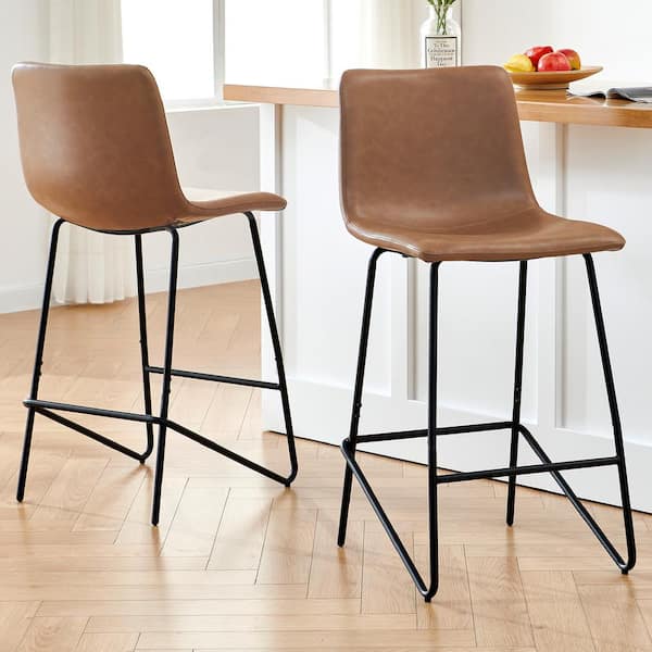 Olive 27.2 in. Brown Low Back Metal Frame Counter Height Bar Stool with Faux Leather Seat (Set of 2)