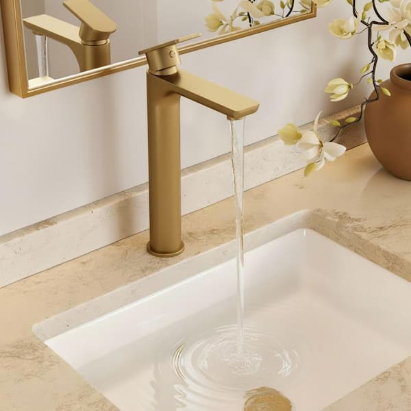 Single Handle Single Hole Bathroom Faucet with Valve in Brushed Gold (1-Pack)