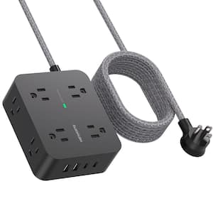 6 ft. 8-Outlet Flat Plug Extension Cord Power Strip Surge Protector in Black with 4 USB Ports