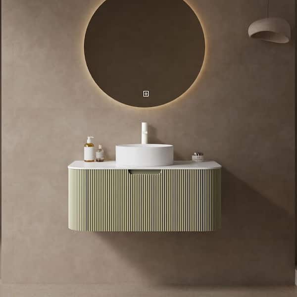 36 in. Floating Light Green Bath Vanity with White Engineered Marble Top and Vessel, Pre-assembled