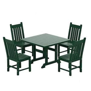 Hayes 5-Piece HDPE Plastic All Weather Outdoor Patio Square Trestle Table Dining Set with Side Chairs in Dark Green