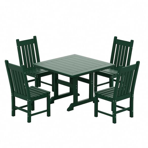 WESTIN OUTDOOR Hayes 5-Piece HDPE Plastic All Weather Outdoor Patio Square Trestle Table Dining Set with Side Chairs in Dark Green