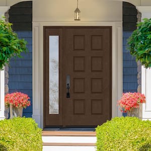 Regency 51 in. x 80 in. 8-Panel LHOS Hickory Stain Mahogany Fiberglass Prehung Front Door with 12 in. Sidelite