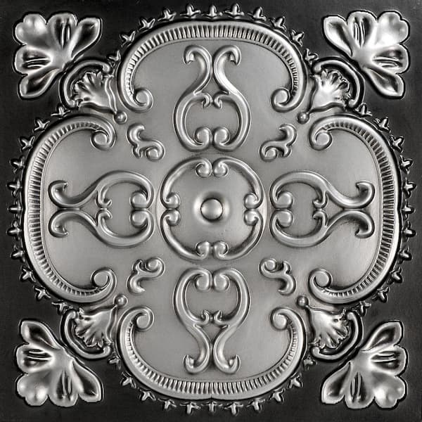 FROM PLAIN TO BEAUTIFUL IN HOURS Alhambra Antique Silver 2 ft. x 2 ft. PVC Glue Up Faux Tin Ceiling Tile (40 sq. ft. /Case)