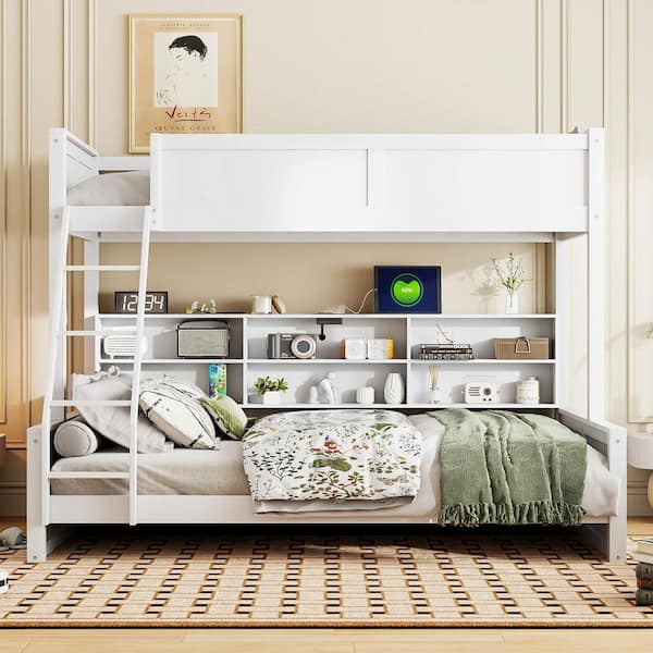 Antique White Twin XL Over Queen Bunk Bed with Storage Cabinets and USB Ports