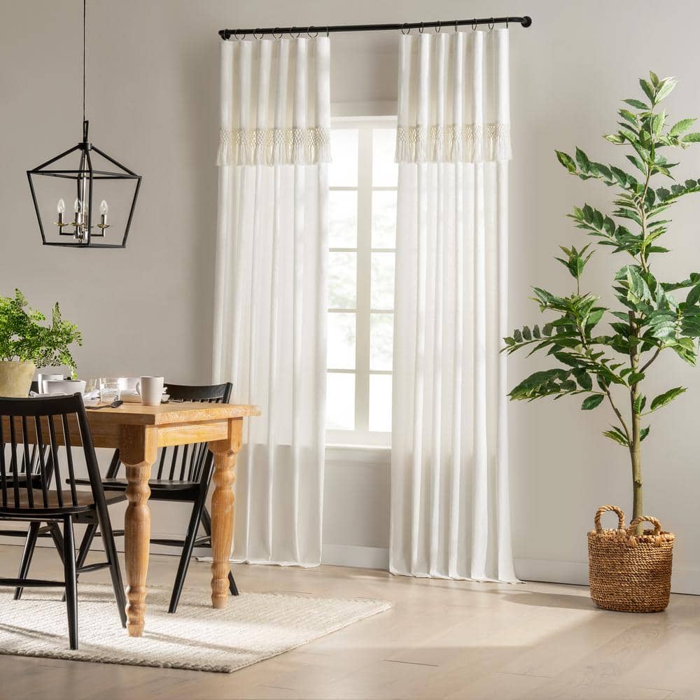 Ivory Cotton Light Filtering Curtain Panel with Fringe Detail