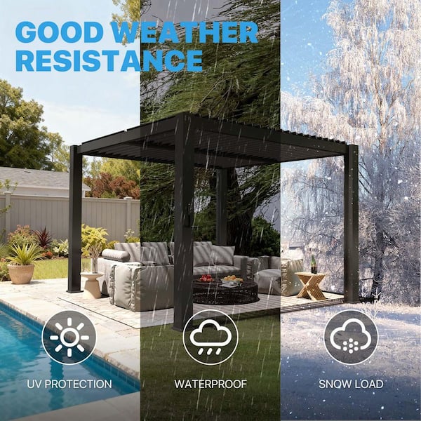 Sizzim 10 ft. x 12 ft. Black Metal Pergola with Adjustable