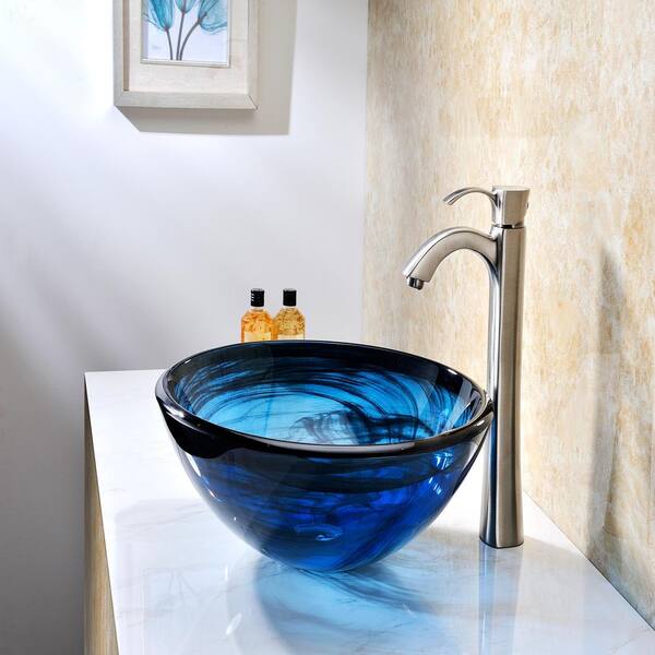 ANZZI - Thalu Series 17 in. Bathroom Vessel Sink with Scratch-Tough and Stain-Resistant Surface in Sapphire Wisp Glass