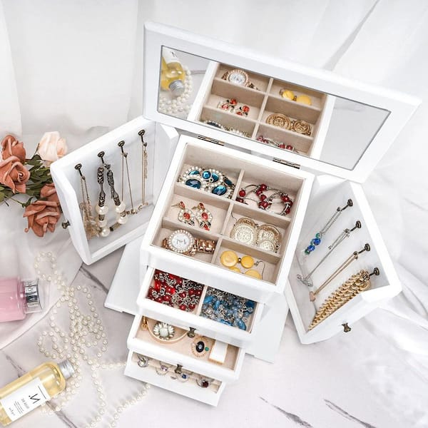 Weathered White 10.5 in. x 12.6 in. Wood Rustic Jewelry Organizer Box