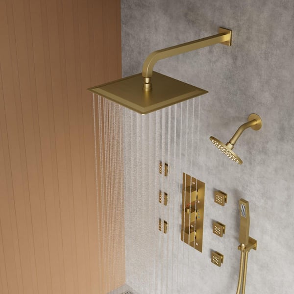 Thermostatic 8-Spray 12 and 6 in. Wall Mount Dual Shower Head and Handheld Shower Head with 6-Jets in Brushed Gold