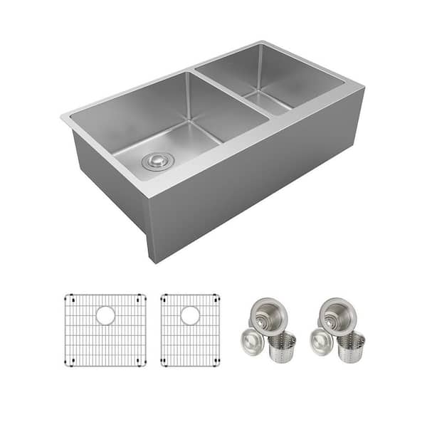 Crosstown 36 in. Tall Farmhouse/Apron-Front Double Bowl 16-Gauge Stainless Steel Kitchen Sink Kit w/ Accessories
