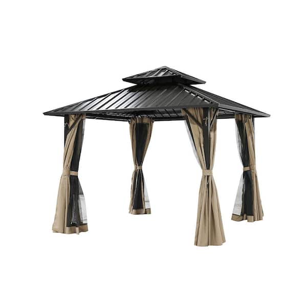 10 ft. x 10 ft. Hardtop Gazebo with Aluminum Frame, Double Roof Top with Brown Curtain and Netting