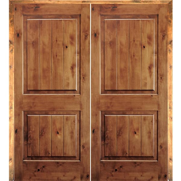 Krosswood Doors 48 In X 96 In Rustic Knotty Alder 2 Panel Sq Top W Vg Left Hand Solid Core Wood Double Prehung Interior French Door Phid Ka 305v 40 80 138 La The Home Depot