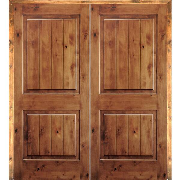 Krosswood Doors 56 In X 96 In Rustic Knotty Alder 2 Panel Sq Top W Vg Both Active Solid Core Wood Double Prehung Interior French Door Phid Ka 305v 48 80 138 The Home Depot