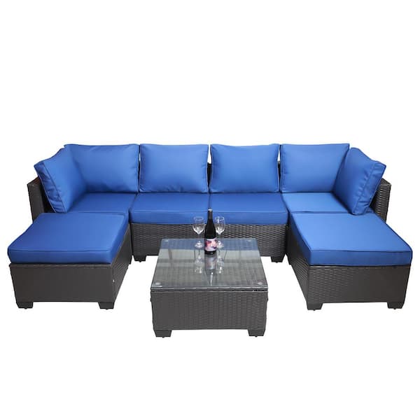 7-Piece Brown PE Rattan Wicker Outdoor Sectional Sofa Set with Blue Cushions and Coffee Table