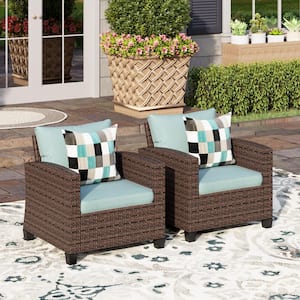 Dark Brown Rattan Wicker Outdoor Patio Lounge Chairs with Blue Cushions (2-Pack)