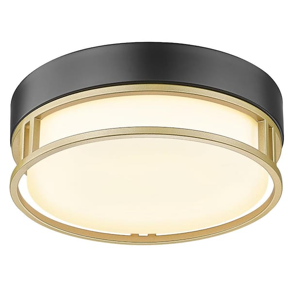 JAZAVA 12.4 in. 2-Light Black and Antique Gold Finish Flush Mount with White Frosted Glass Shape and No Bulbs Included