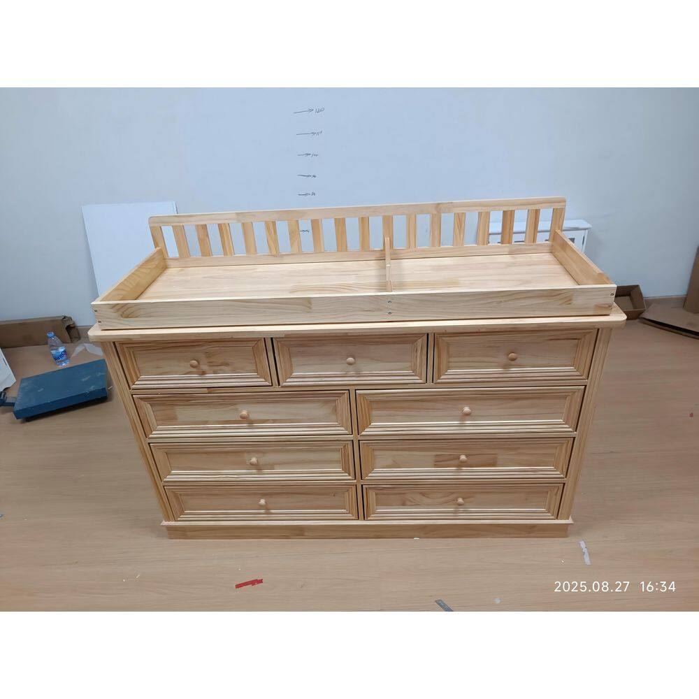 Natural Pine Solid Wood Changing Table Dresser with Removable Changing Tray, Anti-Tip Kit, 8 Drawers for Nursery Storage