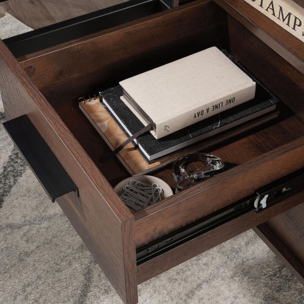 Brown Wood L-Shaped Corner Desk with Drawer and Filing Cabinet
