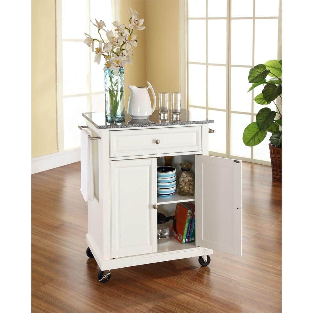 Gray Granite Top White Kitchen Island Cart with Storage